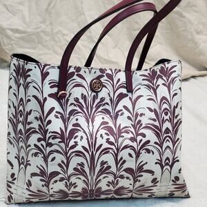 Tory Burch Kerrington Symphony Cranberry Wine Red Cream Large Tote Bag Purse